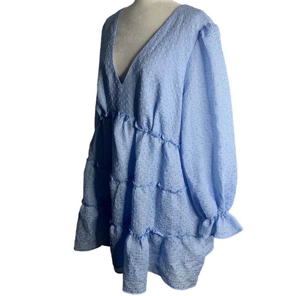 New Eloquii Crepe Tiered Mini Dress 20 Blue Lined Long Puff Sleeves V Neck - Picture 3 of 7